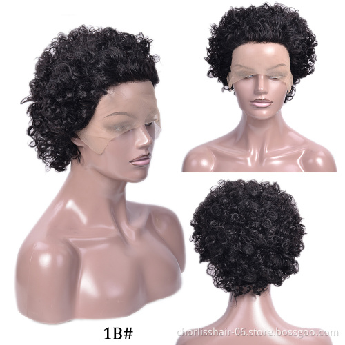 Wholesale Honey Brown Color Glueless Cheap Pixie Short Peruvian Hair Wig Kinky Curly Human Hair Lace Frontal Wig For Women